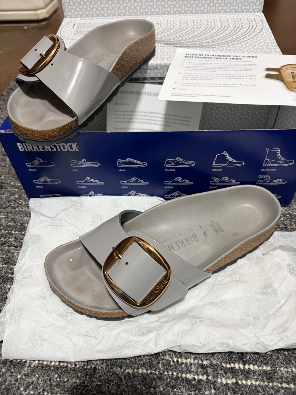 Birkenstock Madrid Big Buckle Slide in Light Gray with Gold Buckle Accent